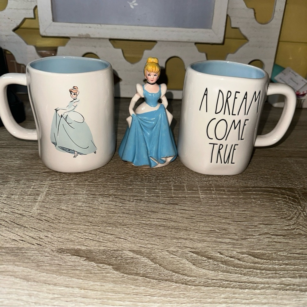 3 Pc Cinderella Lot 2 Rae Dunn Mugs &  A Vintage Ceramic Figurine From Japan